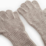 Very long sand-colored work gloves with five fingers and a ribbed finish.