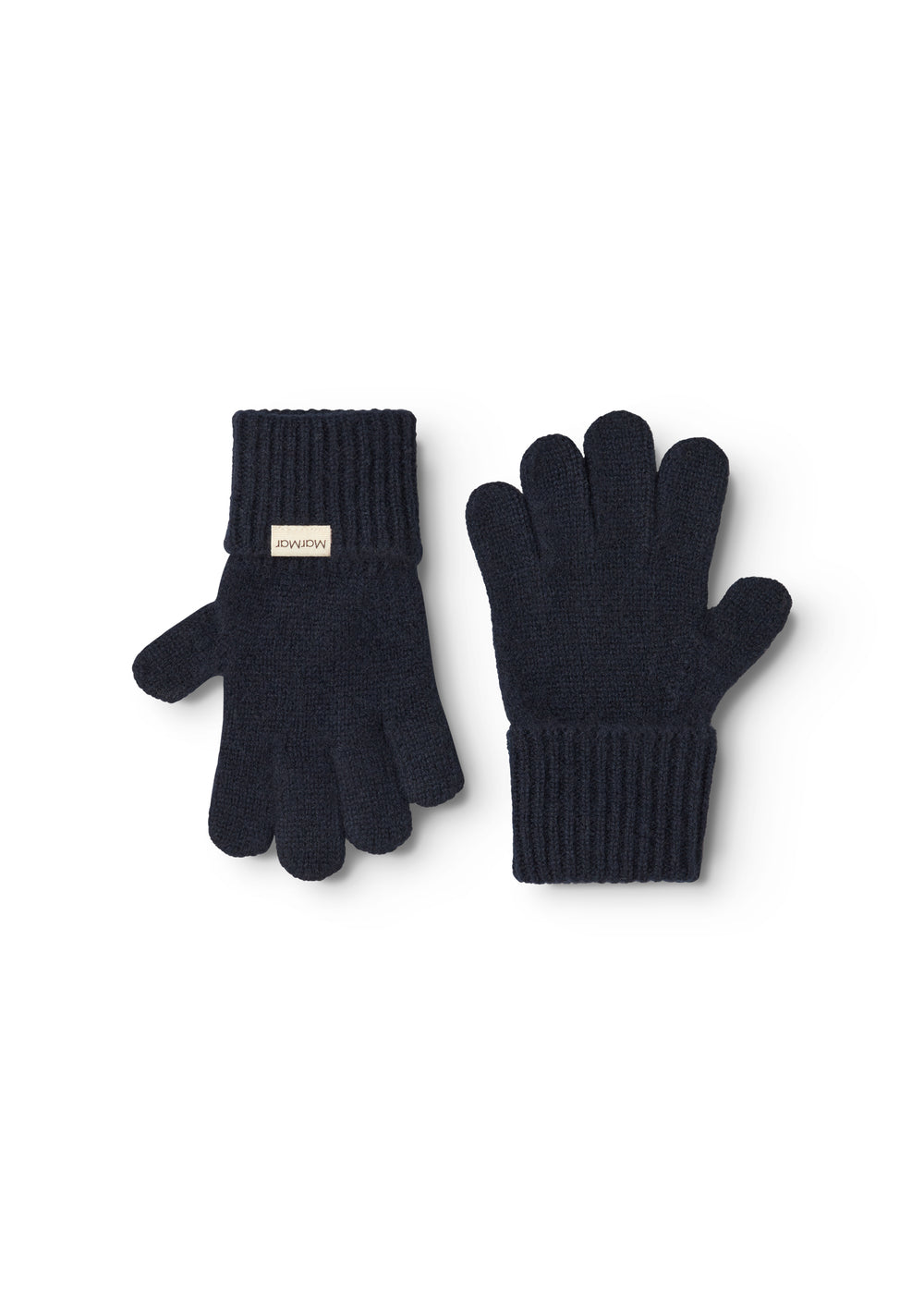 Long Kashmir handkerchief in dark indigo, ribbed cuff and five-finger shape.
