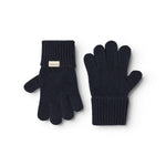 Long Kashmir handkerchief in dark indigo, ribbed cuff and five-finger shape.