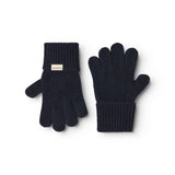 Long Kashmir handkerchief in dark indigo, ribbed cuff and five-finger shape.