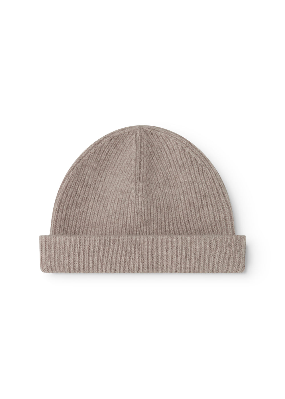 Beige rib-knit alpaca hat with a curved crown and cuff.