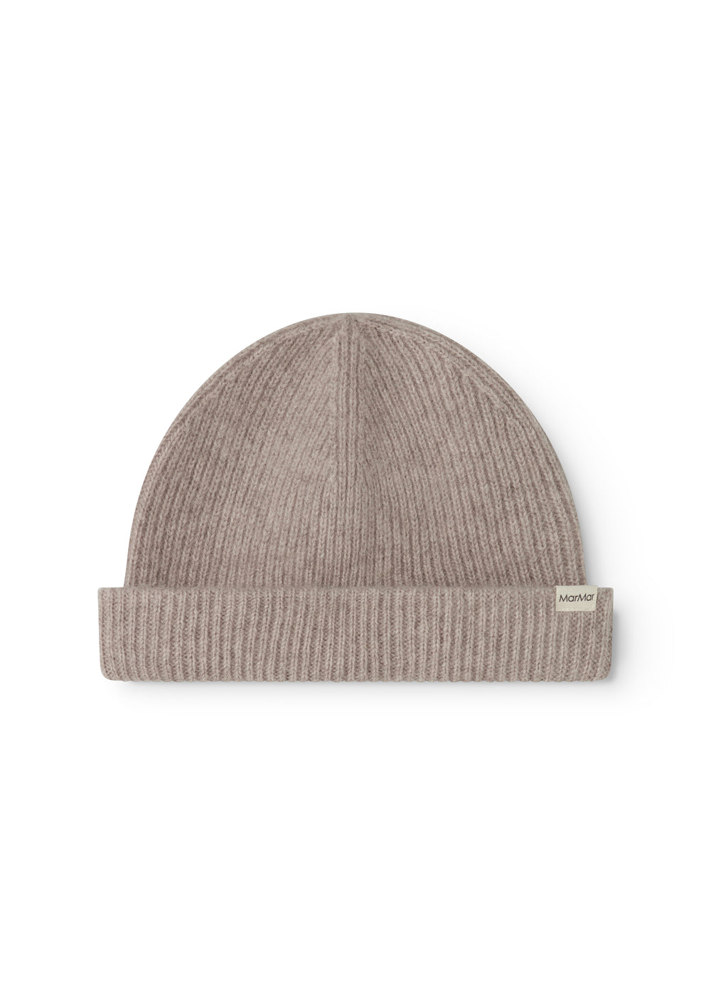Sand-colored ribbed alpaca hat with cuff and label