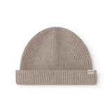 Sand-colored ribbed alpaca hat with cuff and label