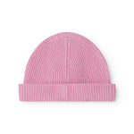 Pink Kashmir striped hat with folded rib edge and clear center seam