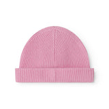 Pink Kashmir striped hat with folded rib edge and clear center seam