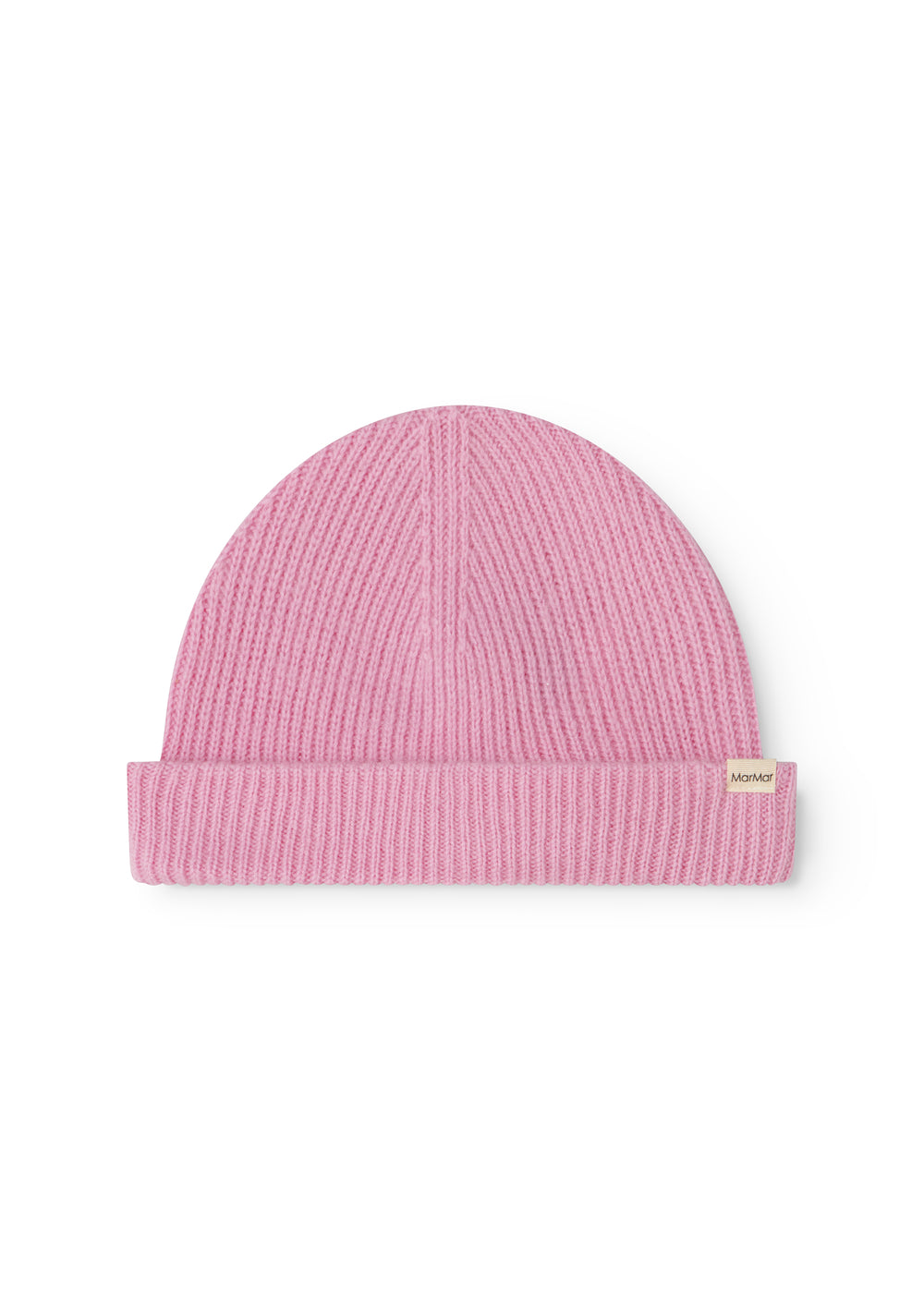 Pink Kashmir stripe hat with rib edge and visible brand label