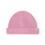 Pink Kashmir stripe hat with rib edge and visible brand label