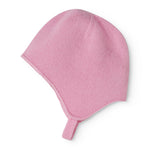 Pink baby hat in knit with a drawstring at the bottom