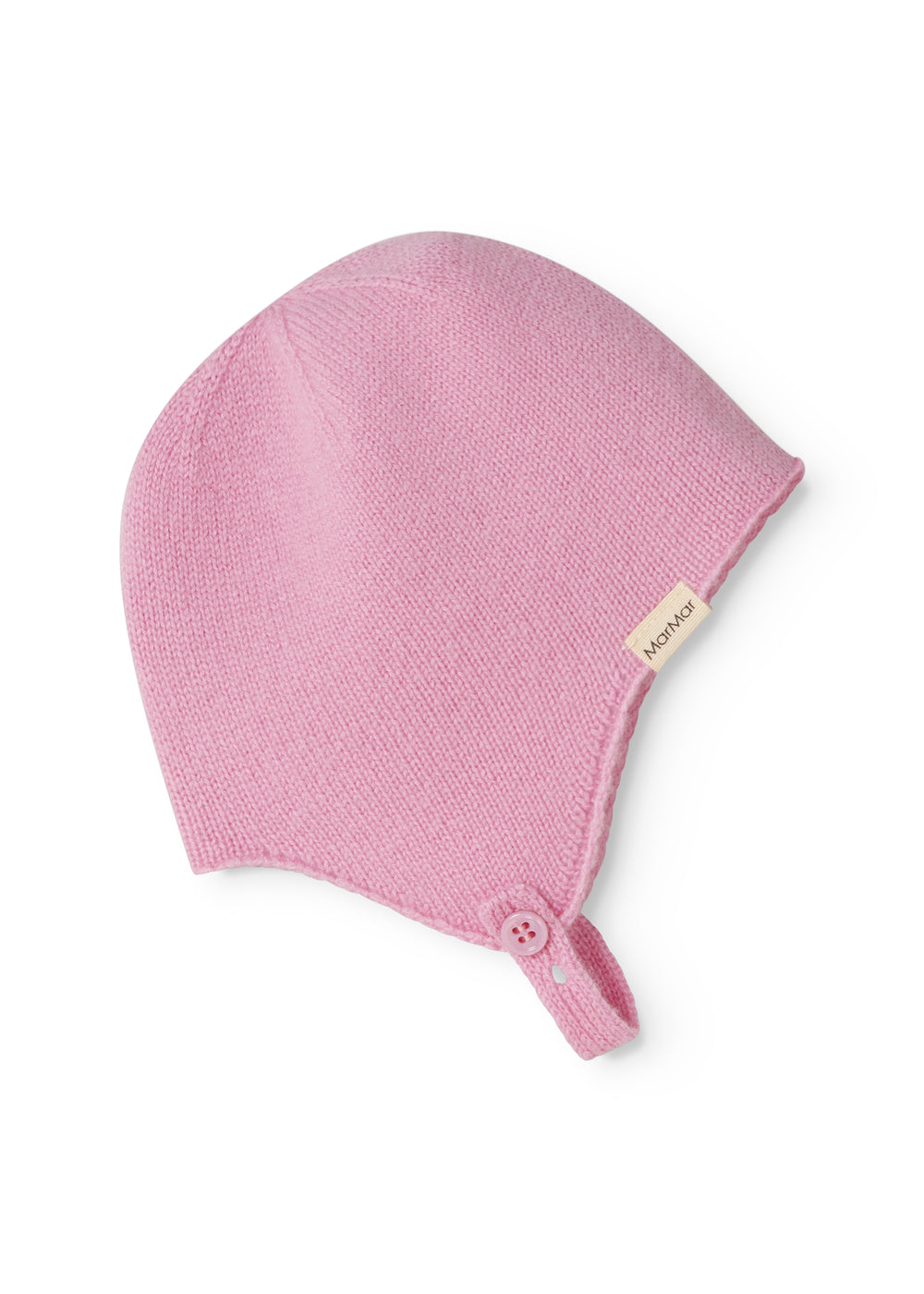 Pink baby hat in knit with button and front drawstring.