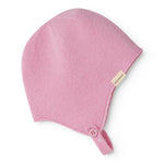 Pink baby hat in knit with button and front drawstring.