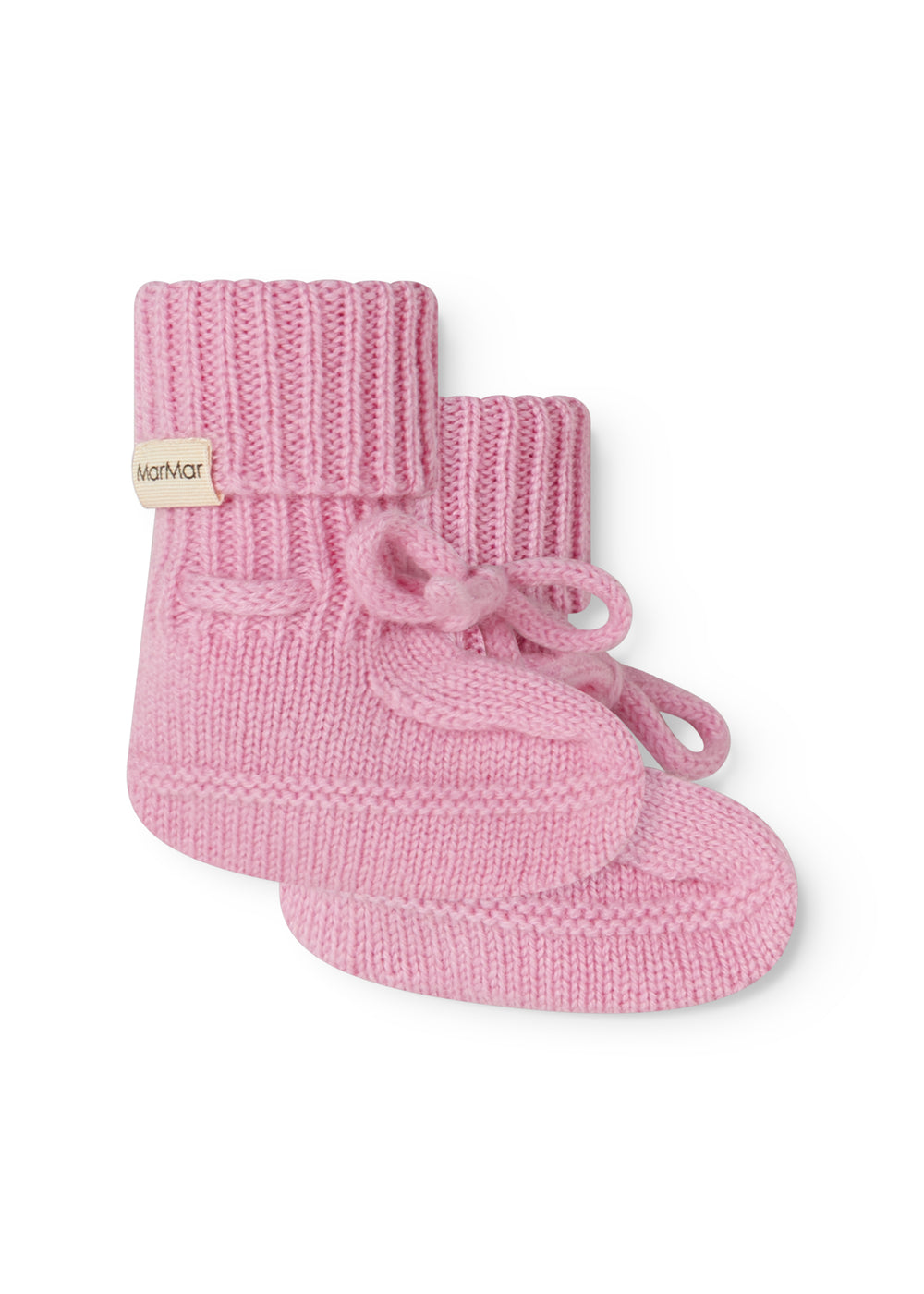 Pink knitted baby onesies with a bow tie and MarMar brand, side view.