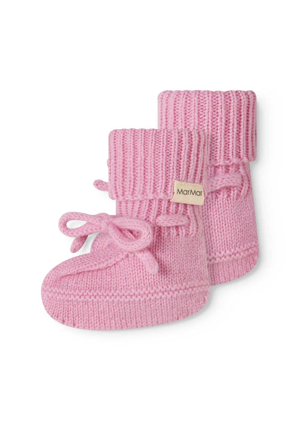 Pink knitted baby onesies with ribbed edges, a bow strap, and a MarMar label.