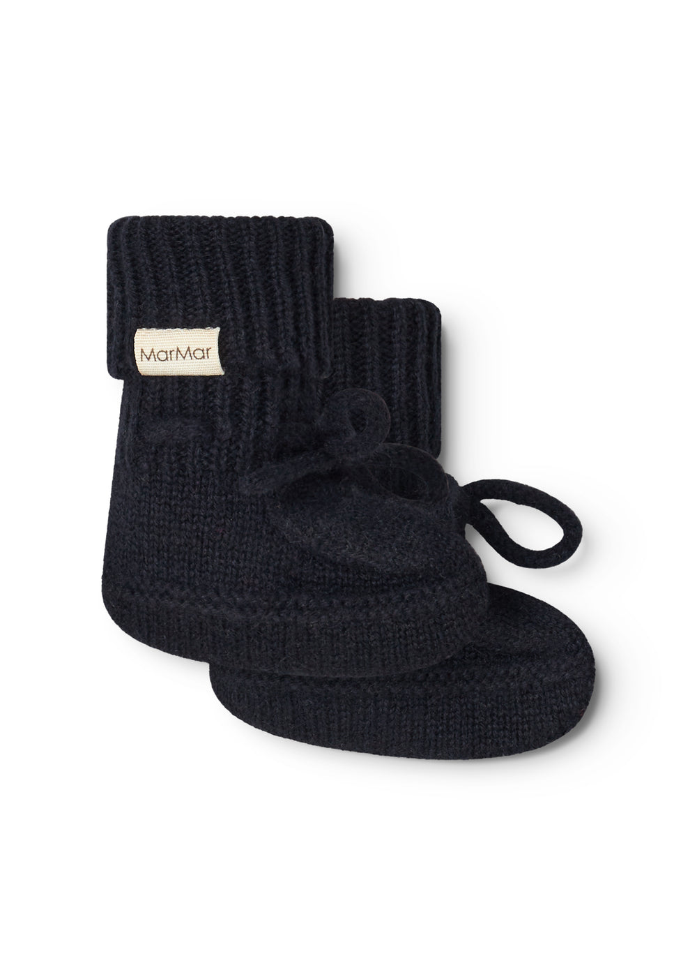 Indigo knitted baby socks with a knot band and MarMar brand, side view.
