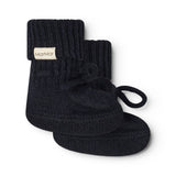 Indigo knitted baby socks with a knot band and MarMar brand, side view.
