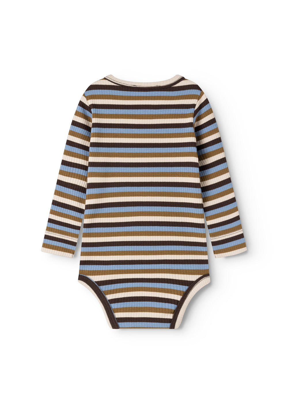 Full-body bodystocking with horizontal stripes in dark brown, sand, and blue; full-length pants.