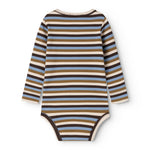 Full-body bodystocking with horizontal stripes in dark brown, sand, and blue; full-length pants.