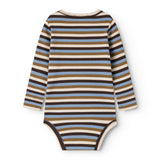 Full-body bodystocking with horizontal stripes in dark brown, sand, and blue; full-length pants.