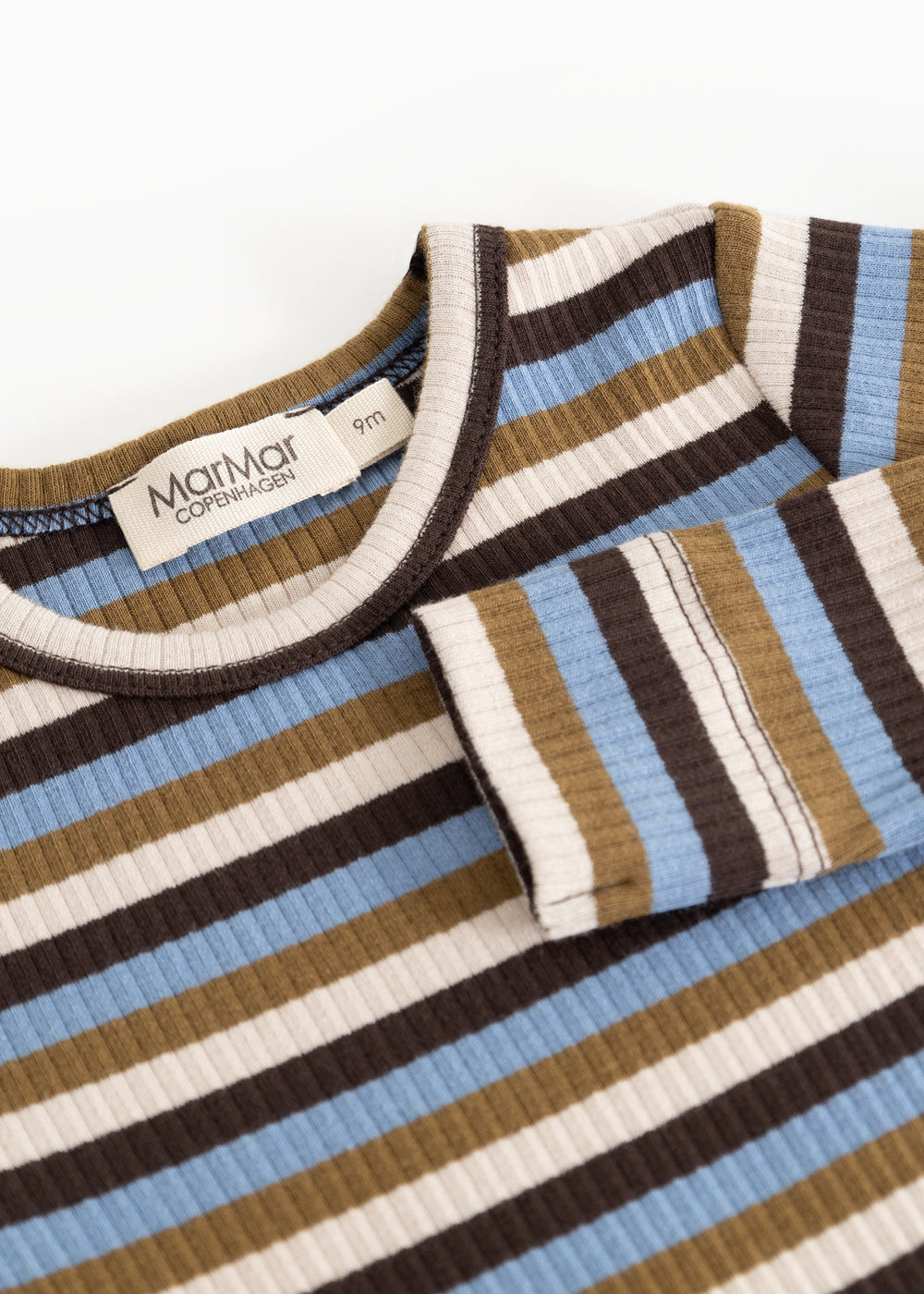 Details of long-sleeve bodystocking with stripes; MarMar Copenhagen label and ribbed edge at the neckline.