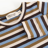 Details of long-sleeve bodystocking with stripes; MarMar Copenhagen label and ribbed edge at the neckline.