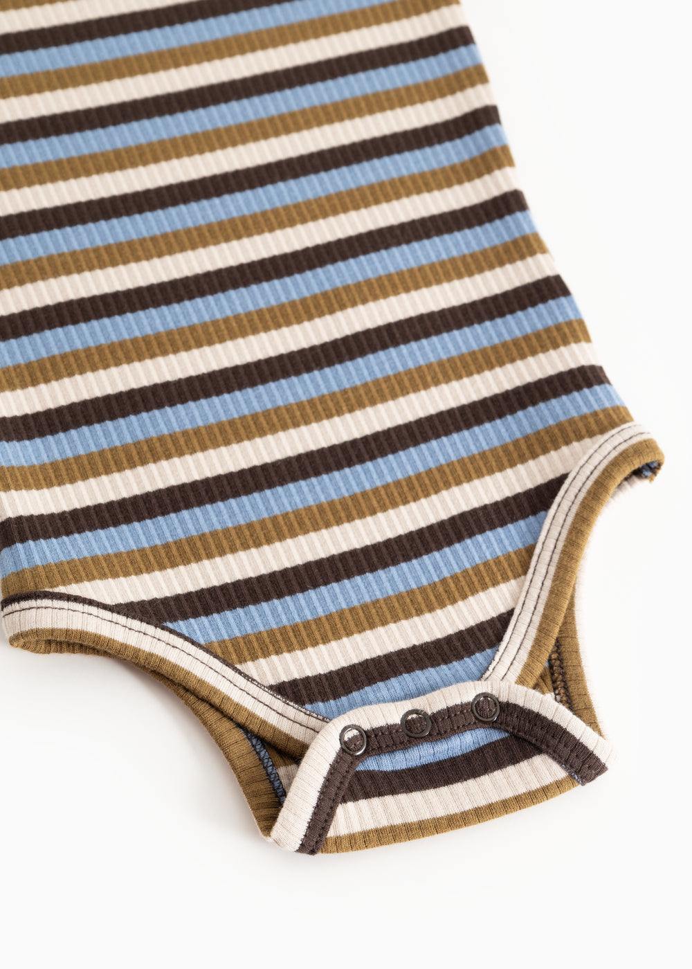Striped bodystocking with dark brown, sand, and blue stripes; pressure button at the step.