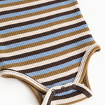 Striped bodystocking with dark brown, sand, and blue stripes; pressure button at the step.