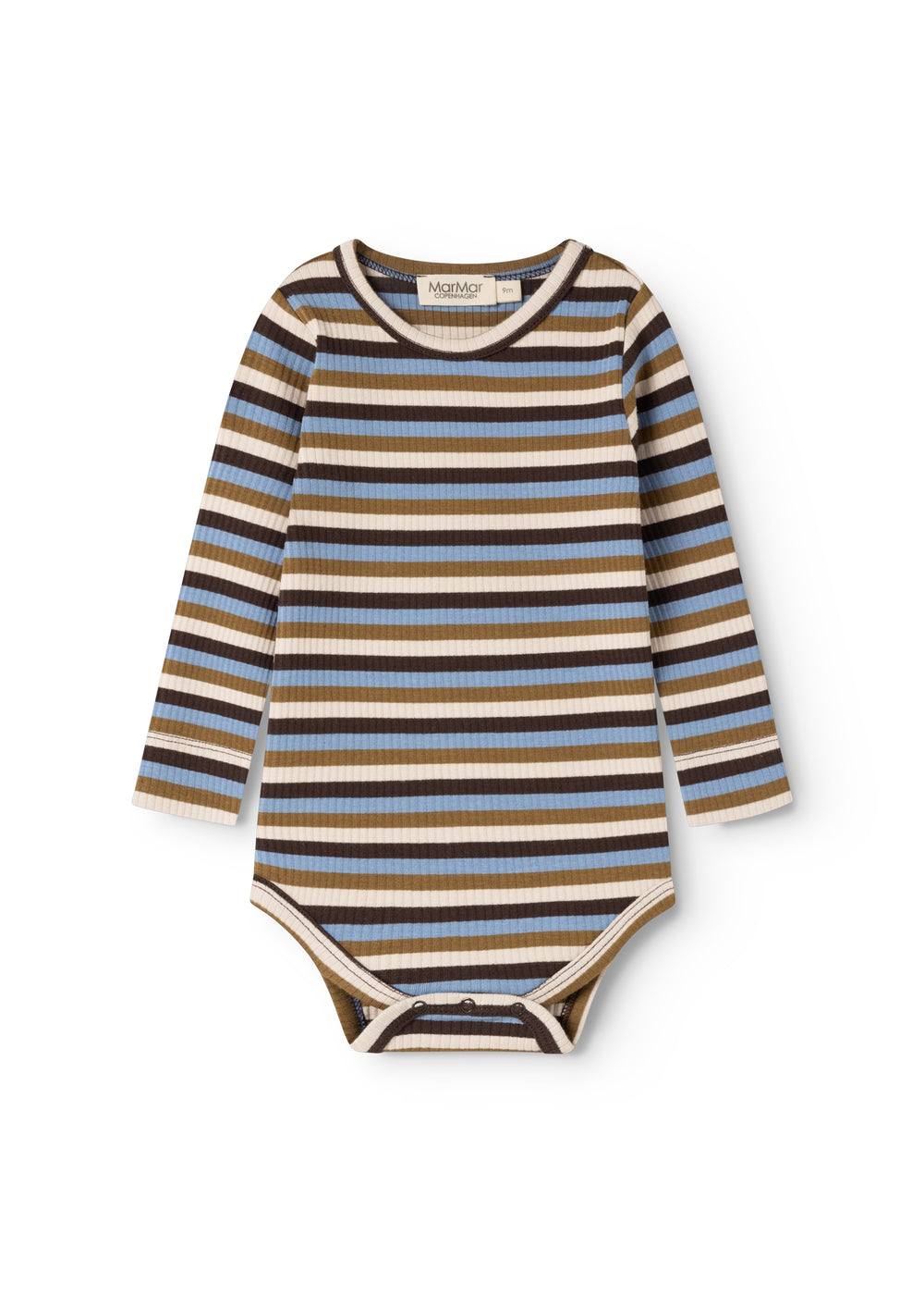 Sheer bodystocking with horizontal stripes in dark brown, sand, and blue; round neckline.