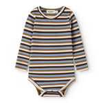 Sheer bodystocking with horizontal stripes in dark brown, sand, and blue; round neckline.