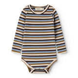 Sheer bodystocking with horizontal stripes in dark brown, sand, and blue; round neckline.