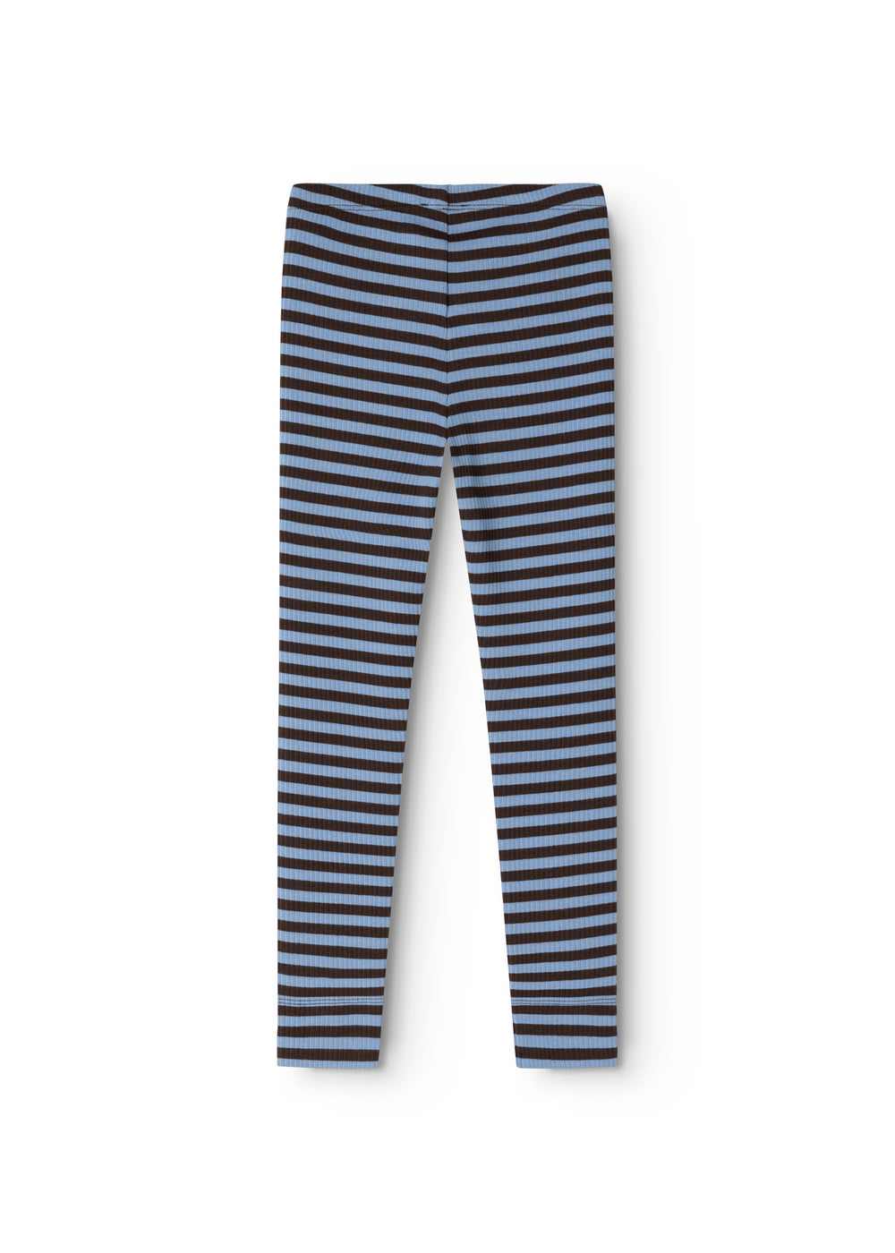 Striped leggings in blue and white with stitching at the middle