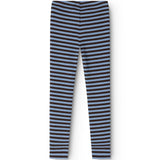 Striped leggings in blue and white with stitching at the middle