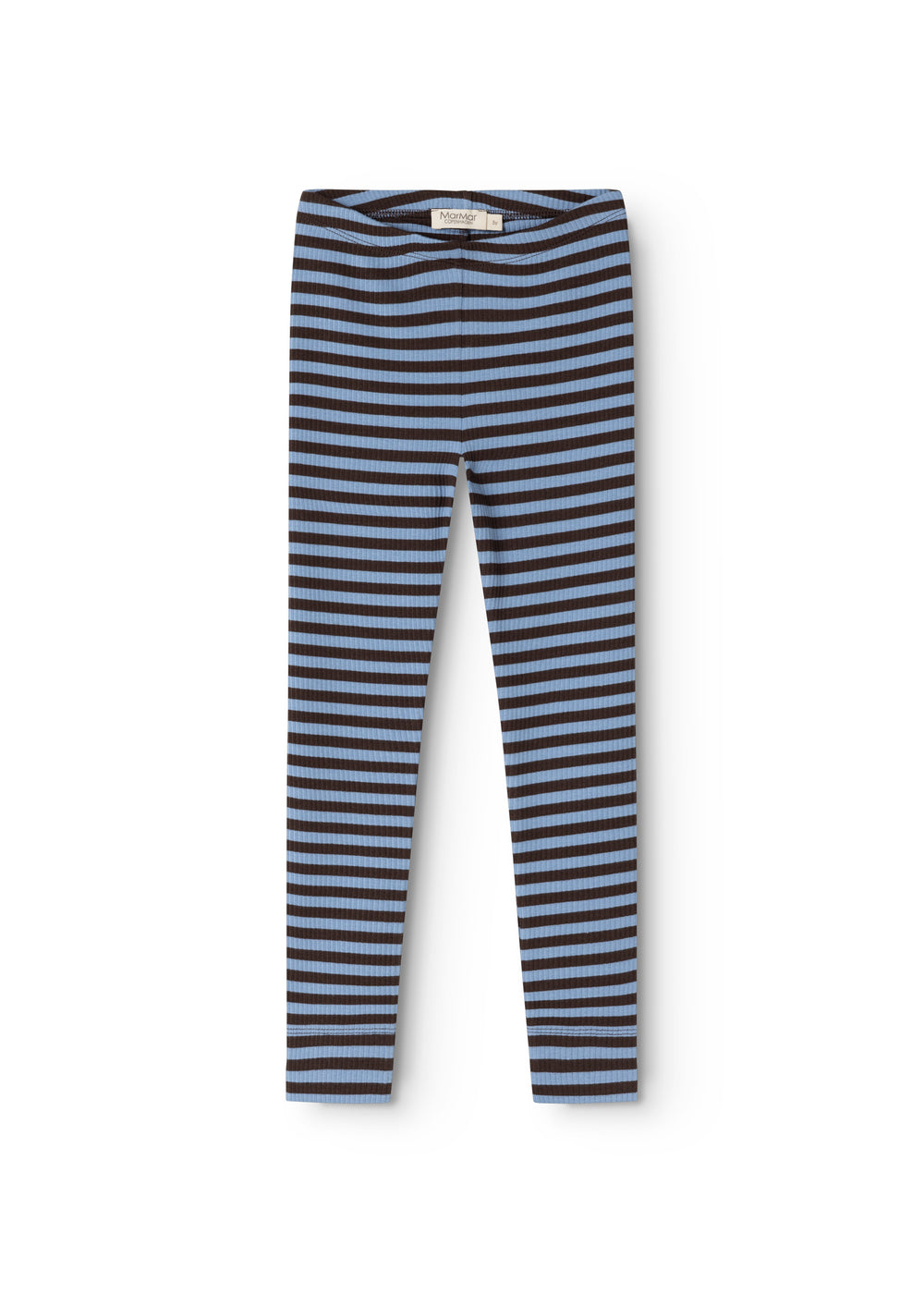 Striped leggings in blue and white with elastic waistband.