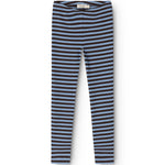 Striped leggings in blue and white with elastic waistband.