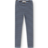 Striped leggings in blue and white with elastic waistband.