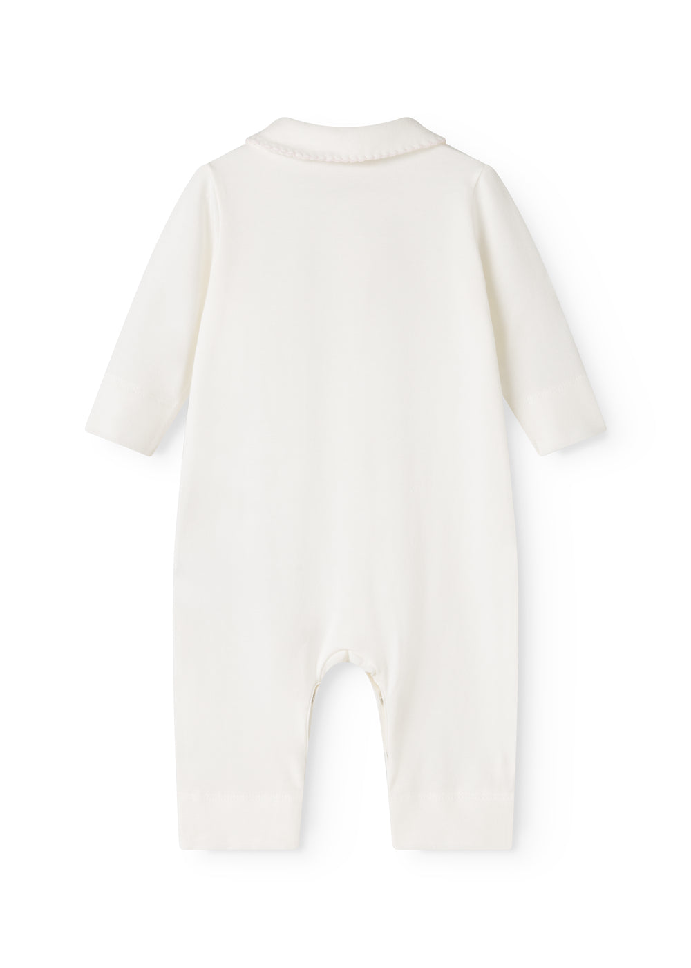 Off-white baby onesie with round neck and long sleeves, opening at the crotch.