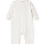 Off-white baby onesie with round neck and long sleeves, opening at the crotch.