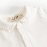 Off-white baby onesie: collar with pork edge and tag on the neck