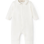 Off-white baby dress with collar and front button closure, long sleeves.