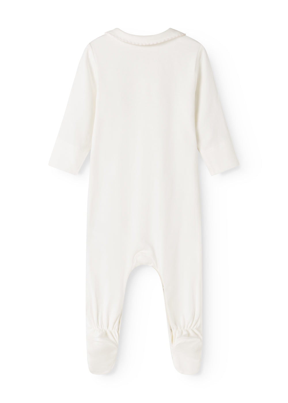 Cream-colored dress with long sleeves and footed legs, round neckline and back cut.