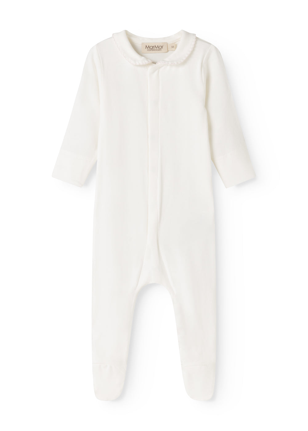 Cream-colored dress with long sleeves and legs with feet, plus a bacon edge at the neckline.