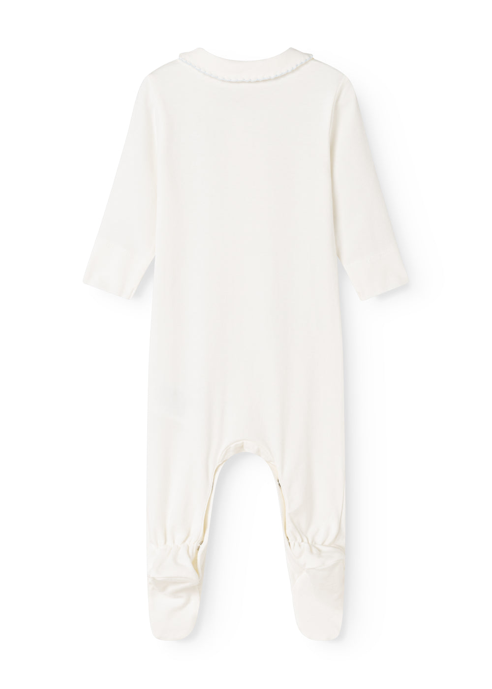 Baby romper in white fabric with a crotch opening and long pants legs.