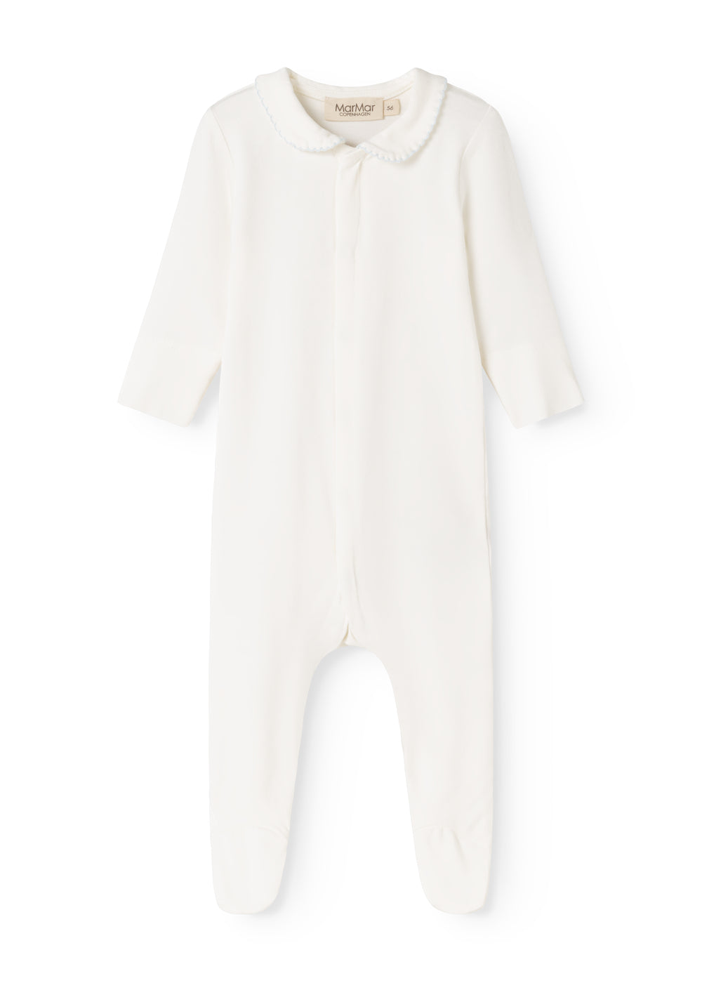 Baby ones in white fabric with button collar and zipper at the neck, plus long sleeves.