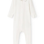 Baby ones in white fabric with button collar and zipper at the neck, plus long sleeves.