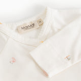 Bodystocking offwhite with colored print, collar and snap buttons at the shoulder.