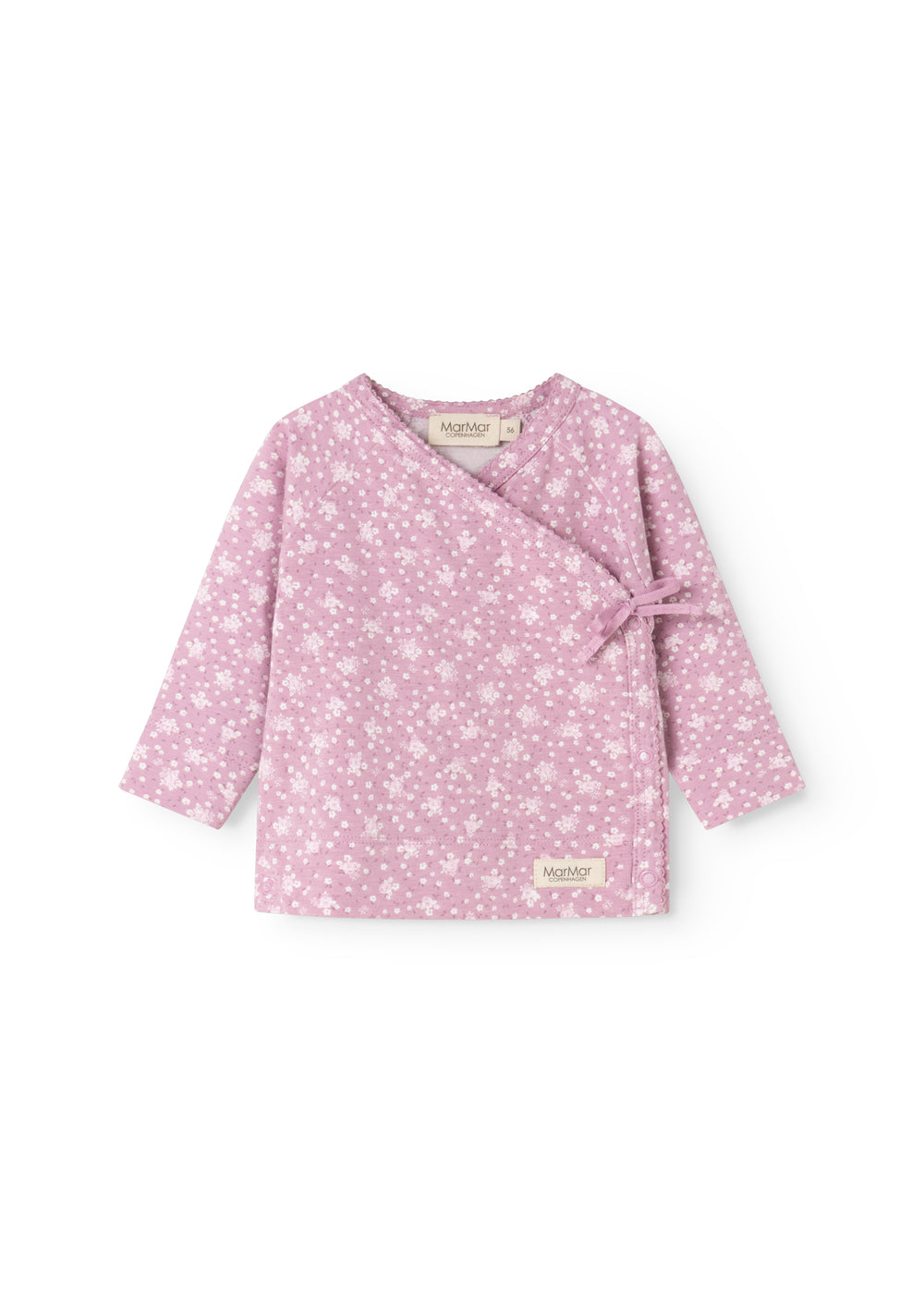 Pink blouse with long sleeves, floral print and wrap closure with tie belt.