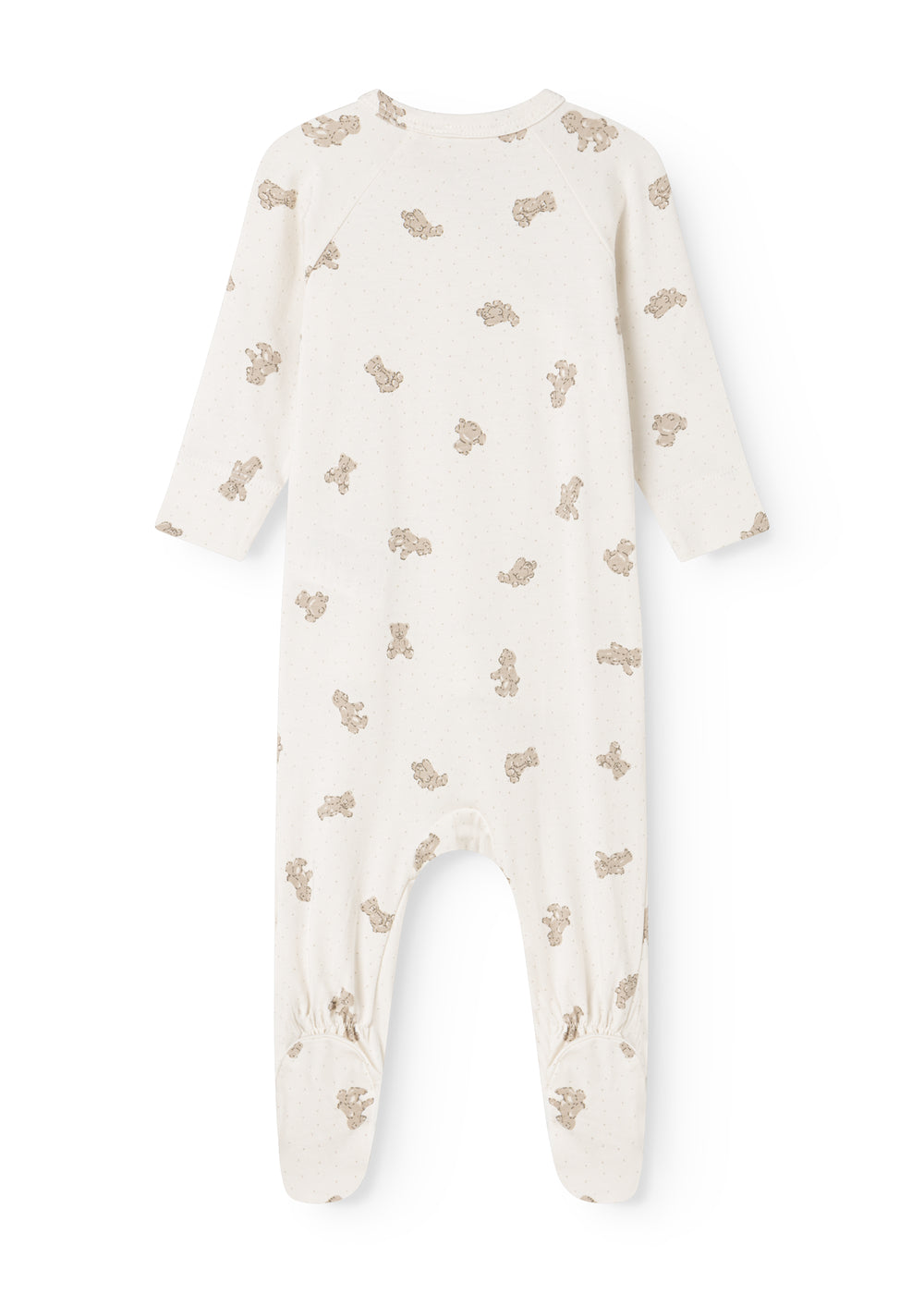 White dress with beige teddy bear print, long sleeves and round neck.