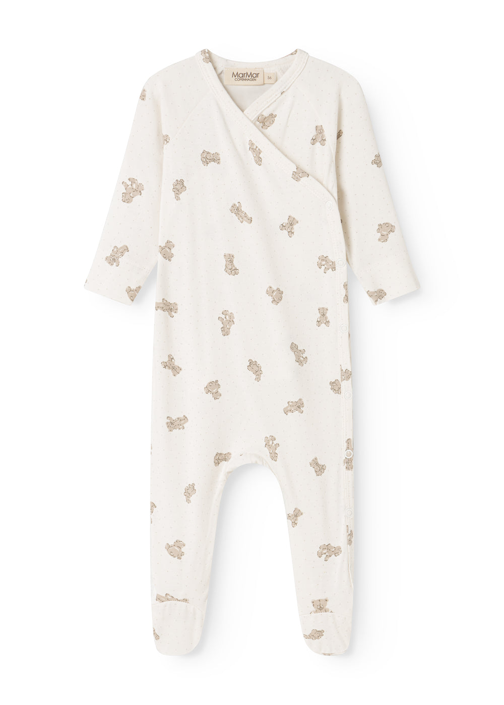 White dress with a beige teddy bear print all over and a crossed neckline.