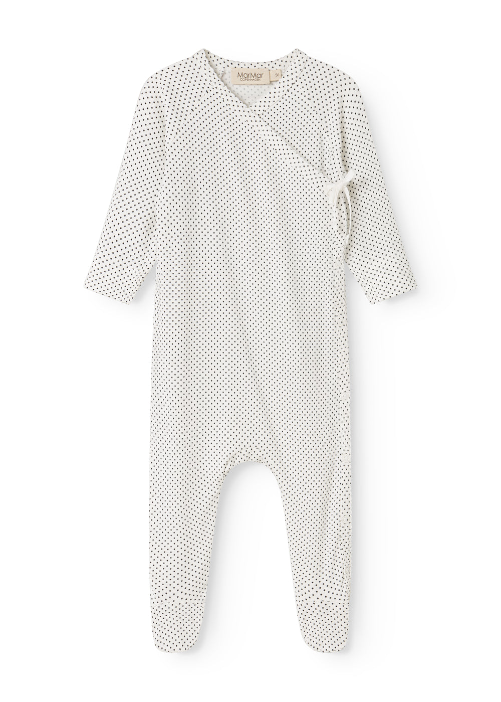 White dress with small black dots and a wrap top at the neck.