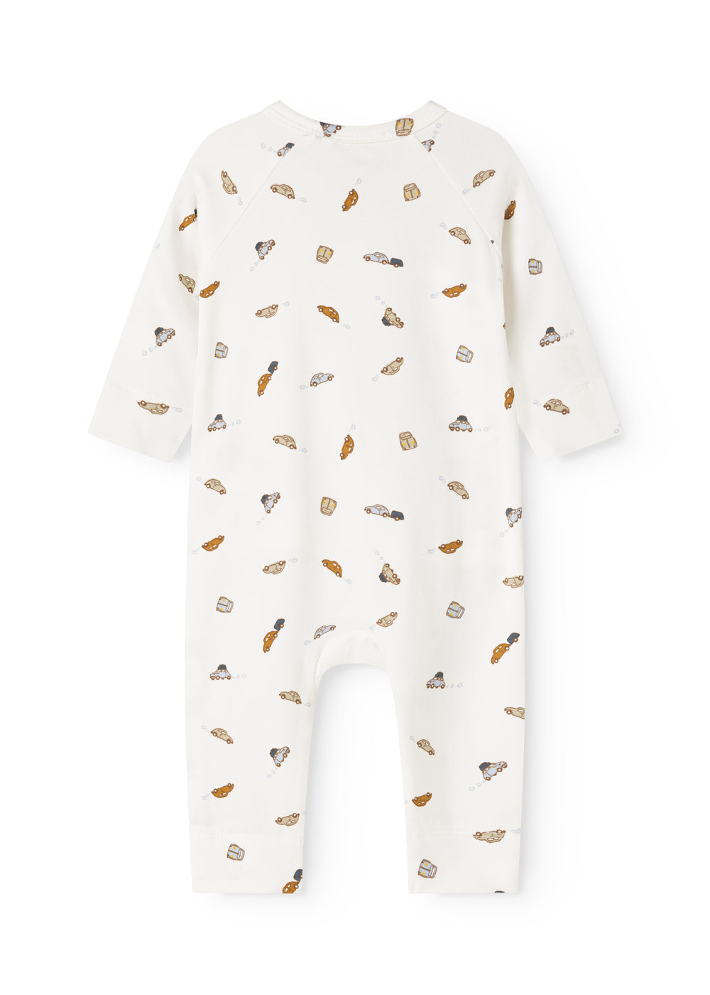 White jumpsuit with long sleeves and legs, pattern of colorful cars everywhere.