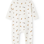 White jumpsuit with long sleeves and legs, pattern of colorful cars everywhere.