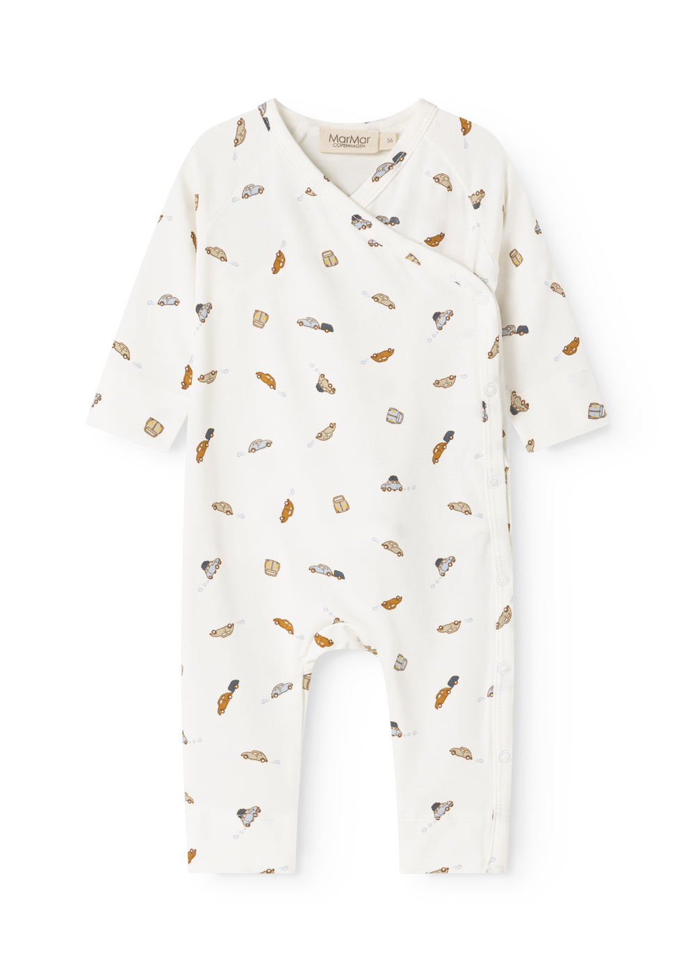 White jumpsuit with short sleeves and jumpsuit collar, small colored cars.